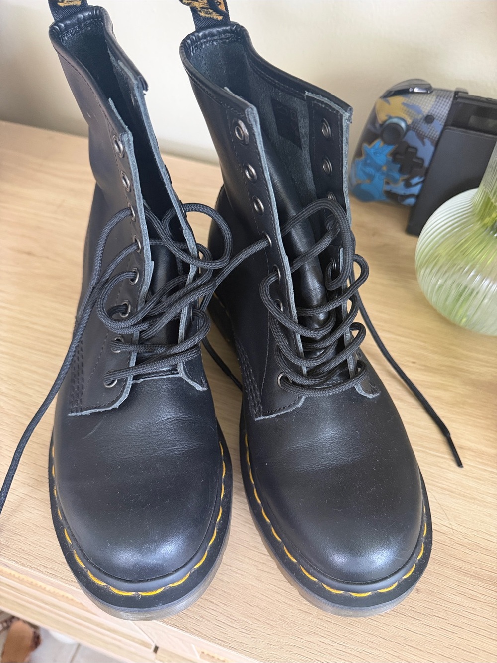 Dr. Martens Black Leather Lace-Up Boots with Yellow Stitching